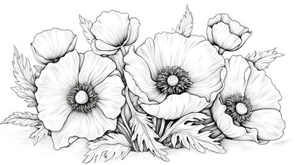  a black and white drawing of a bunch of flowers with leaves on the bottom and bottom of the flowers on the bottom.