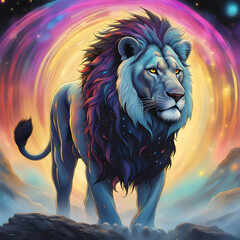 An african lion in a cinematic colorful background