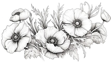  a black and white drawing of a bouquet of flowers with leaves and buds on a white background with a place for text.
