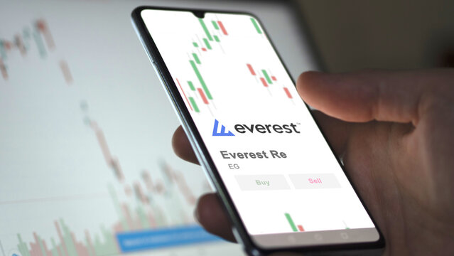 November 12th 2023 Hamilton, Bermuda. The logo of Everest Re on the screen of an exchange. Everest Re price stocks, $EG on a device.