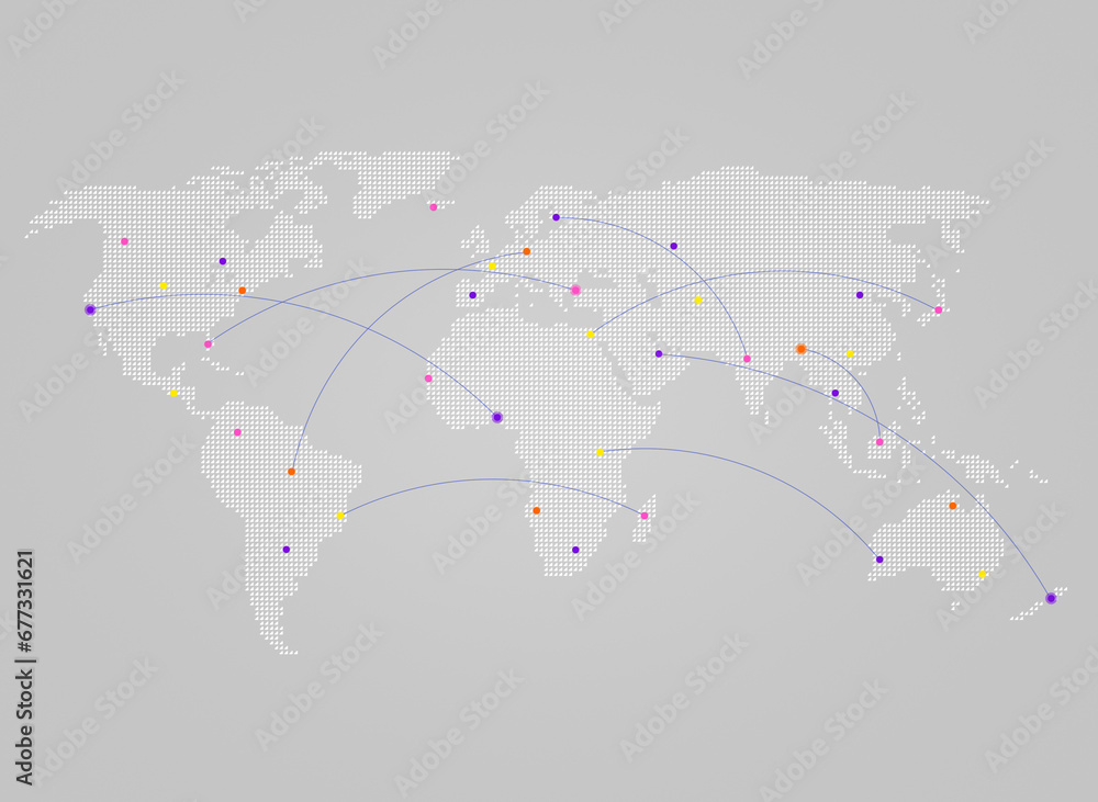 Poster white world map made of small triangles on gray with curving lines or flight paths connecting colorf