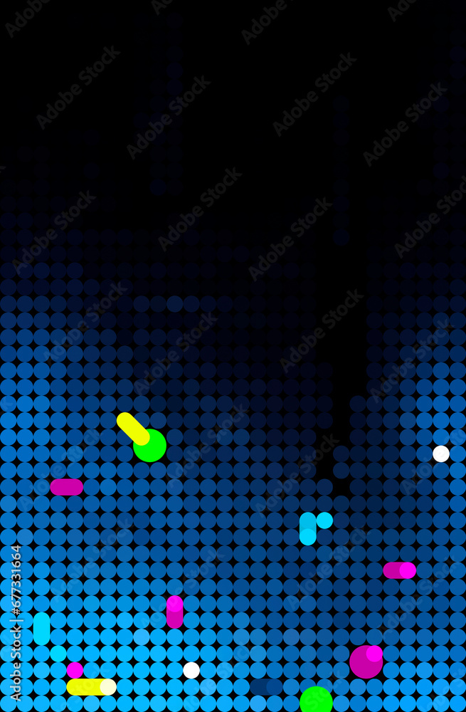 Poster abstract dotted blue halftone pattern with colorful shapes and fading color gradient on black backgr