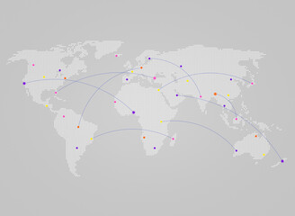 White world map made of small triangles on gray with curving lines or flight paths connecting colorful dots as cities. Concept illustration of global communications, transportation, traveling.