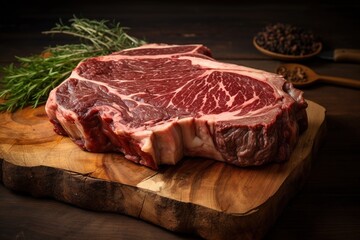 Aged ribeye steak cross-section on butcher block