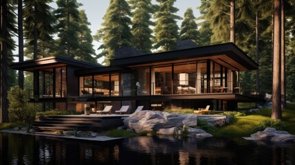Fototapeta na wymiar an artist's rendering of a house in the woods with a lake in the foreground and rocks in the foreground.