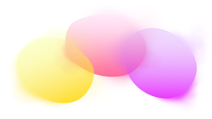 Three transparent, uneven and overlapping colorful roundish blobs on white. Abstract high resolution vibrant background. Yellow, pink and purple blobs.
