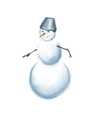Watercolor snowman with a bucket on his head. Winter holidays hand drawn illustration, not AI. Christmas card template. Can be printed on T-shirts, bags, posters, invitations, cards.