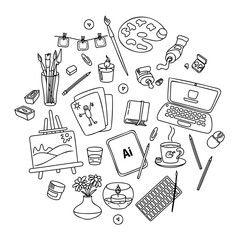 A set of doodles on the theme of an artist’s workplace: watercolor, gouache, tubes of paint, palette, tablet and computer, brushes. Vector illustration in doodle style, set of elements, hand drawing