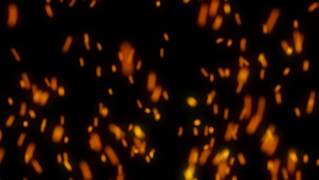 Huge Fire Falling VFX Dust Particles Floating On Black Background. Dynamic Dust Burn Particles Randomly Float in Space. 4K Shimmering, Burning Hot Orange with Glittering Dust Particles.