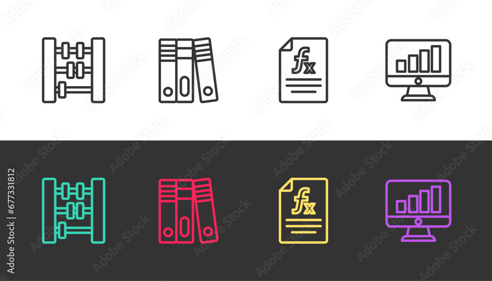 Poster set line abacus, office folders, function mathematical symbol and computer monitor with graph chart 