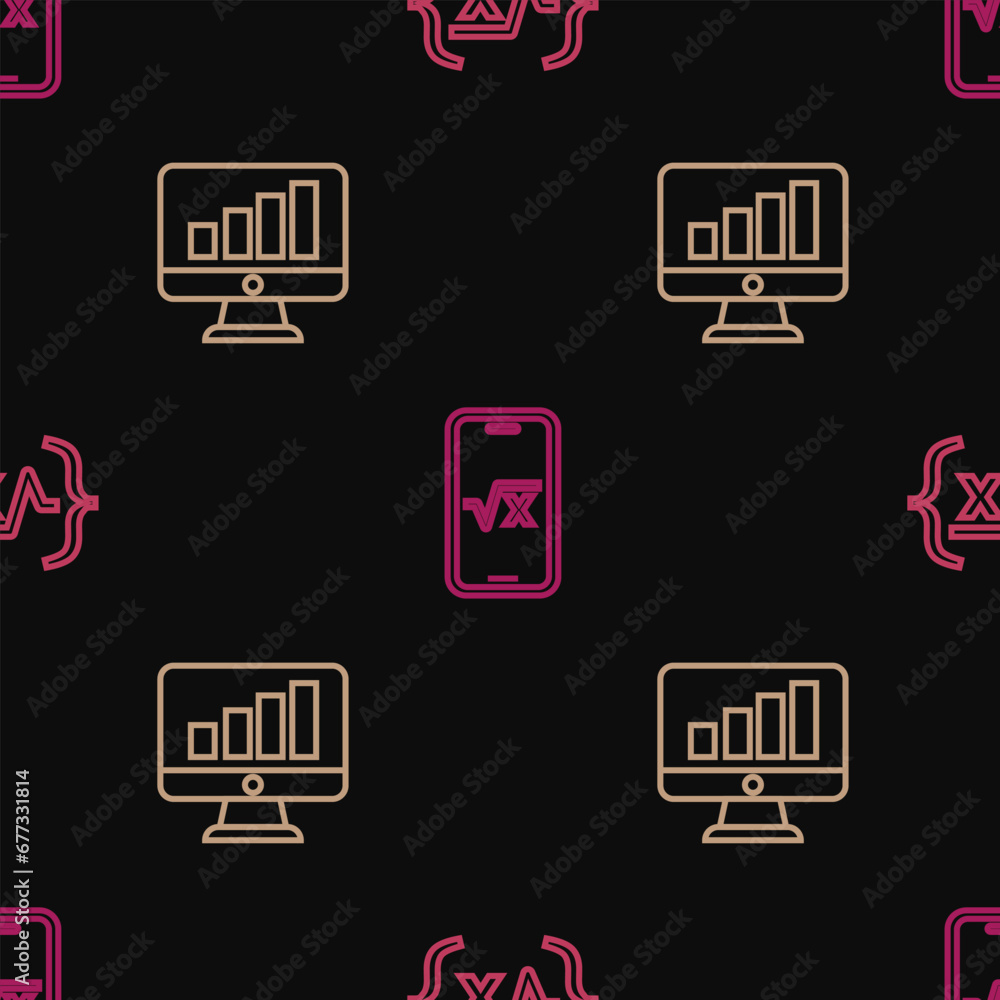 Poster set line square root of x glyph, computer monitor with graph chart and on seamless pattern. vector