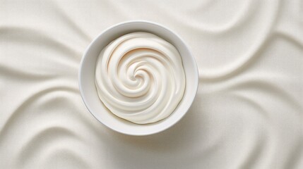  a close up of a bowl of yogurt on a white surface with a swirl in the middle of the bowl.