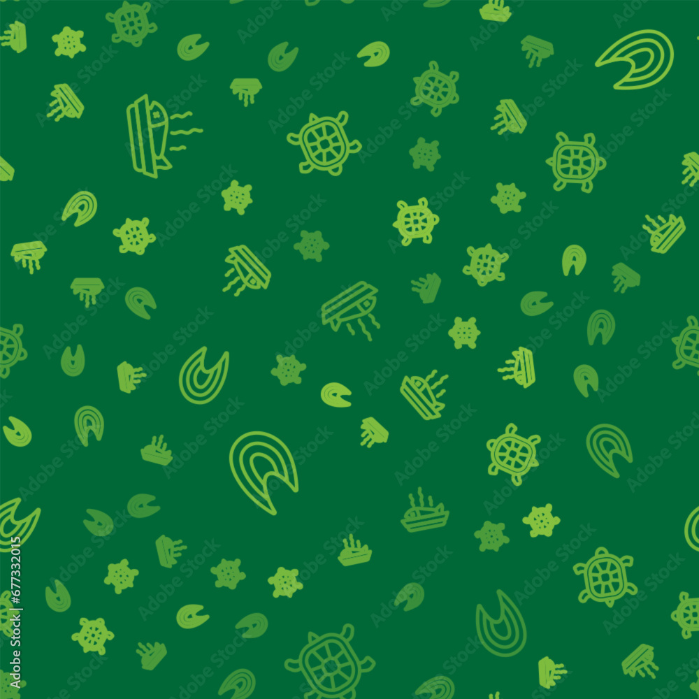 Poster set line served fish on a plate, fish steak and turtle on seamless pattern. vector