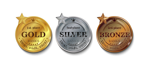 edals of different rankings with inscriptions 1,2,3 place, and Caesar's phrase "Veni, vidi, vici", which means "I came, I saw, I conquered"