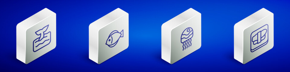 Set Isometric line Whale tail in ocean wave, Fish, Jellyfish and Sushi on cutting board icon. Vector