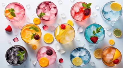  a group of glasses filled with different types of drinks and garnished with lemons, raspberries,...