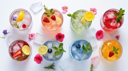  a group of glasses filled with different types of drinks and garnished with lemons, strawberries, blueberries, and raspberries.