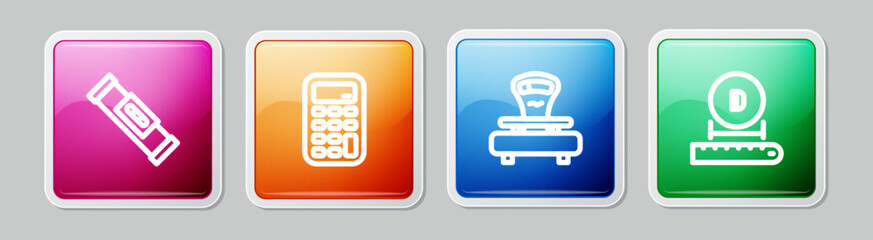 Set line Construction bubble level, Calculator, Scales and Diameter. Colorful square button. Vector