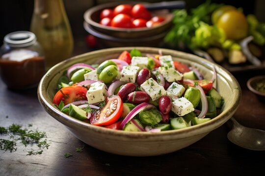A sprinkle of oregano and fresh dill over a traditional Greek salad