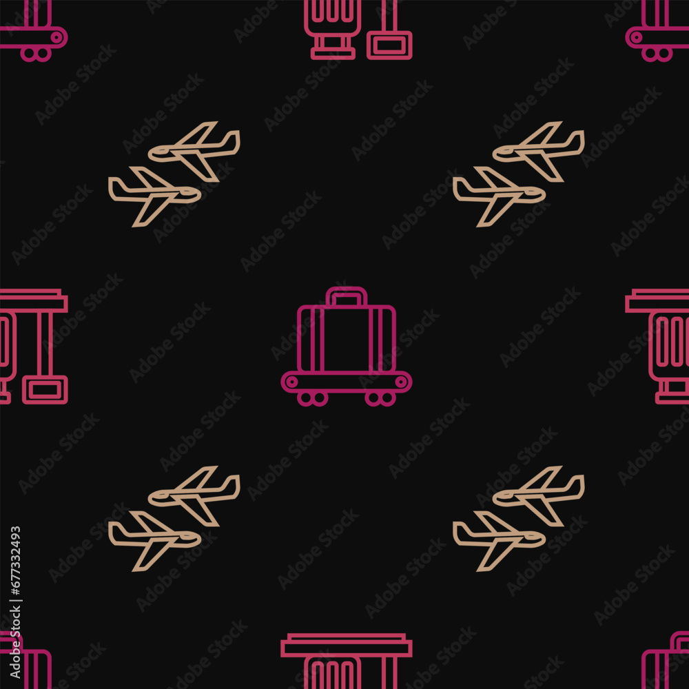 Poster set line scale with suitcase, plane and conveyor belt on seamless pattern. vector