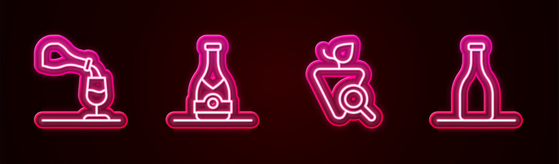 Set line Wine tasting, degustation, Champagne bottle, Grapes and Bottle of wine. Glowing neon icon. Vector