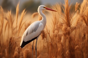 A stork standing amidst tall grasses, blending into its natural habitat - obrazy, fototapety, plakaty