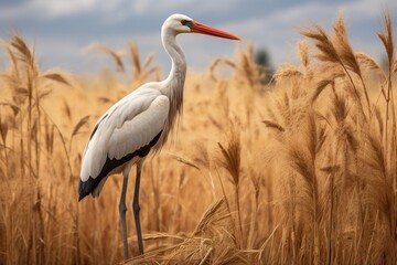 A stork standing amidst tall grasses, blending into its natural habitat © Dan
