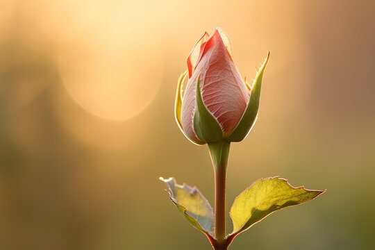 A single rosebud beginning to unfurl in soft light