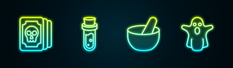 Set line Tarot cards, Bottle with potion, Witch cauldron and Ghost. Glowing neon icon. Vector - obrazy, fototapety, plakaty