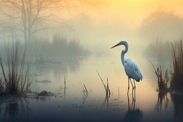 A solitary stork standing in a misty, serene marshland at dawn
