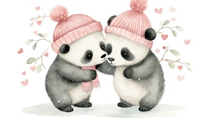  a couple of panda bears standing next to each other with a pink hat on top of each of their heads.