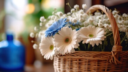 Obraz na płótnie Canvas Bouquet of white daisies in a wicker basket. Springtime concept with a space for a text. Valentine day concept with a copy space.