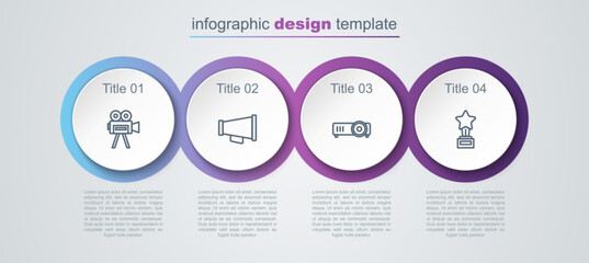 Set line Retro cinema camera, Megaphone, Movie, film, media projector and trophy. Business infographic template. Vector