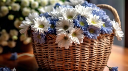 Obraz na płótnie Canvas Bouquet of blue and white flowers in a wicker basket. Springtime concept with a space for a text. Valentine day concept with a copy space.