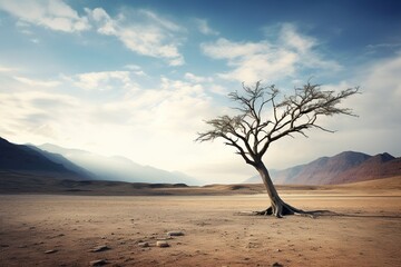A solitary tree budding in the midst of a barren landscape