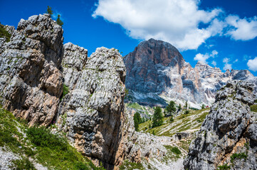 Dolomites, five towers. Breathtaking panorama of the mountains above Cortina d'Ampezzo.