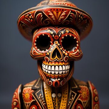 Day of the Dead calavera skeleton figurine, Mexican folk art, wood carving, close up - Generative AI