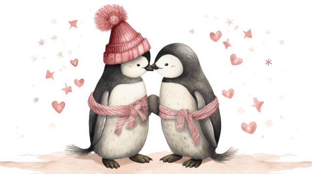  a couple of penguins standing next to each other on top of a snow covered ground with hearts in the background.