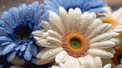 Close up of white and blue gerbera flowers with water drops. Springtime  concept with a space for a text. Valentine day concept with a copy space.