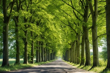 A tree-lined avenue, focus on the budding branches overhead