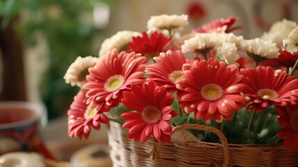 Obraz na płótnie Canvas Beautiful gerbera flowers in basket on table, closeup. Springtime concept with a space for a text. Valentine day concept with a copy space.
