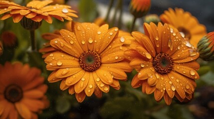Beautiful orange gerbera flowers with raindrops on the petals. Springtime  concept with a space for a text. Valentine day concept with a copy space.