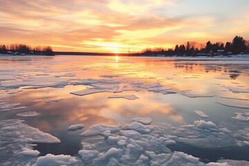 A thin layer of ice beginning to form on the lake, with open water in the center