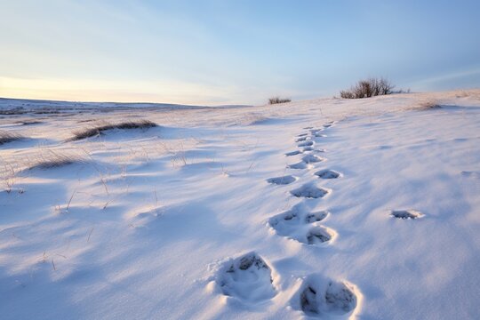 Animal tracks leading to a snow-covered den in a tundra environment
