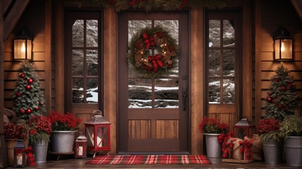  a front door decorated for christmas with a wreath and wreath on the front of the door and christmas decorations on the side of the door. - obrazy, fototapety, plakaty