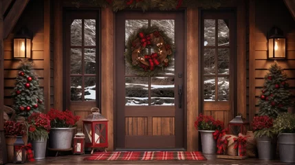 Foto op Plexiglas  a front door decorated for christmas with a wreath and wreath on the front of the door and christmas decorations on the side of the door. © Anna