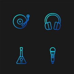 Set line Microphone, Balalaika, Vinyl player and Headphones. Gradient color icons. Vector