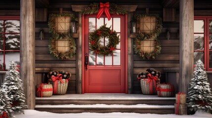  a red front door with christmas wreaths and presents on the steps and a red door with a wreath on it.