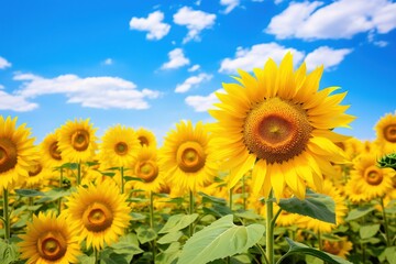 Fototapeta premium A vibrant field of sunflowers under a clear blue sky, basking in sunlight