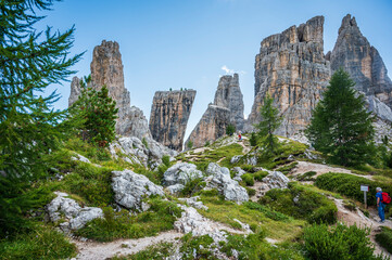 Dolomites, five towers. Breathtaking panorama of the mountains above Cortina d'Ampezzo. - 677333839